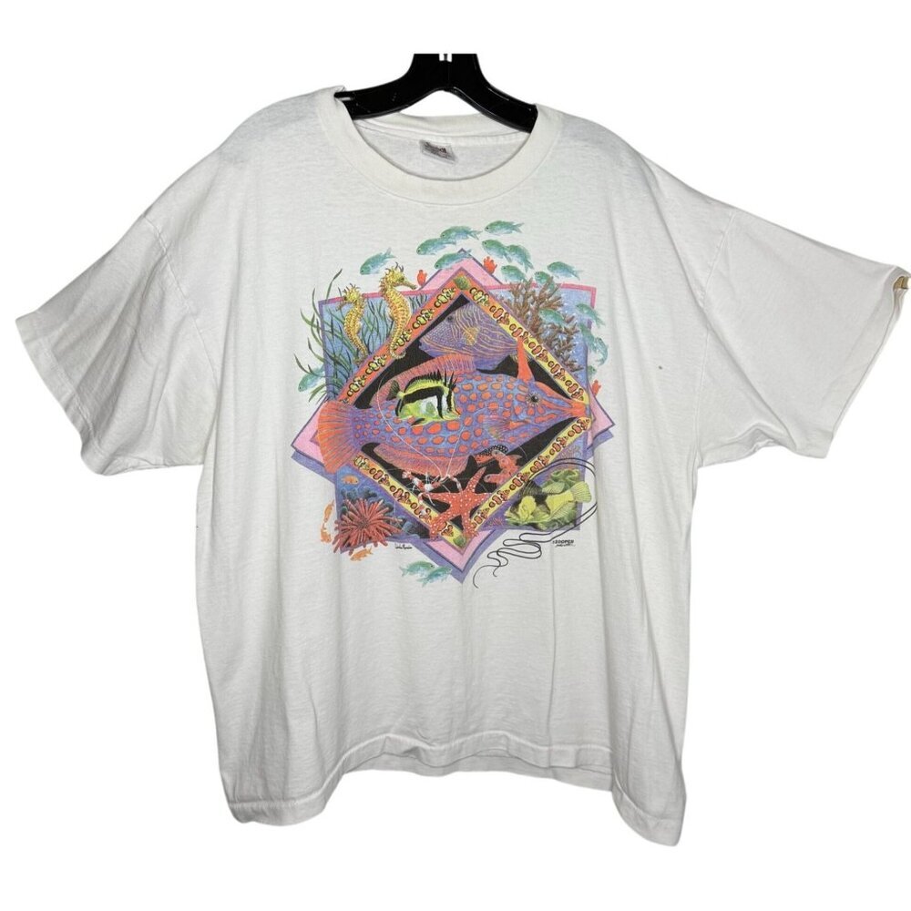 Vtg Zooper Anvil 2X White T-Shirt Fish Graphic Cotton Linda Rossin Single Stitch